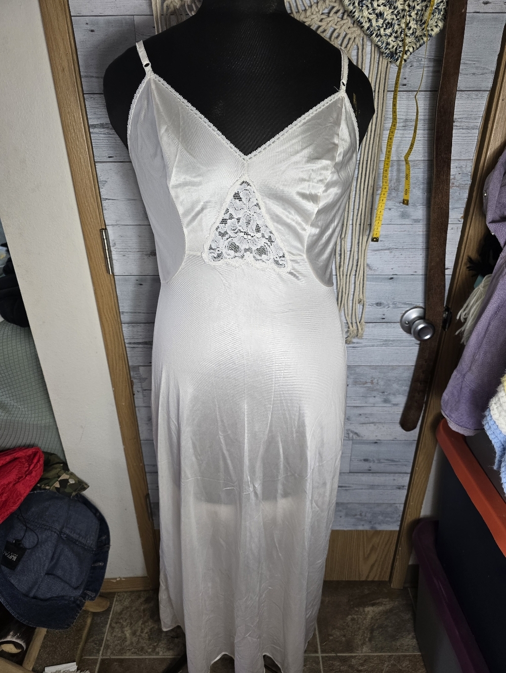 Vtg 70's Sears White Satin Lace-Panel Maxi Slip Dress Nylon Dainty Bridal